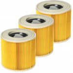 Trzy żółte filtry powietrza do odkurzacza w rzędzie, zapewniające skuteczną filtrację i ochronę urządzenia.