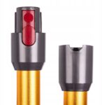 Dwa szare złącza do odkurzacza z pomarańczowymi rurkami, widok z bliska.