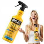 Nie wiem, kim jest osoba na zdjęciu, ale trzyma płyn do mycia szyb i luster Erla Glaso, wyglądając na zadowoloną.