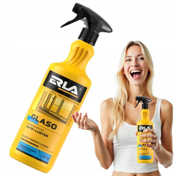Nie wiem, kim jest osoba na zdjęciu, ale trzyma płyn do mycia szyb i luster Erla Glaso, wyglądając na zadowoloną.