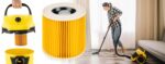 Kobieta odkurzająca podłogę żółtym odkurzaczem; zbliżenie na filtr HEPA i pojemnik.