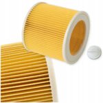 Żółty filtr wkładowy, cylindryczny, z widocznymi żebrami, dedykowany do systemów oczyszczania powietrza i wody.