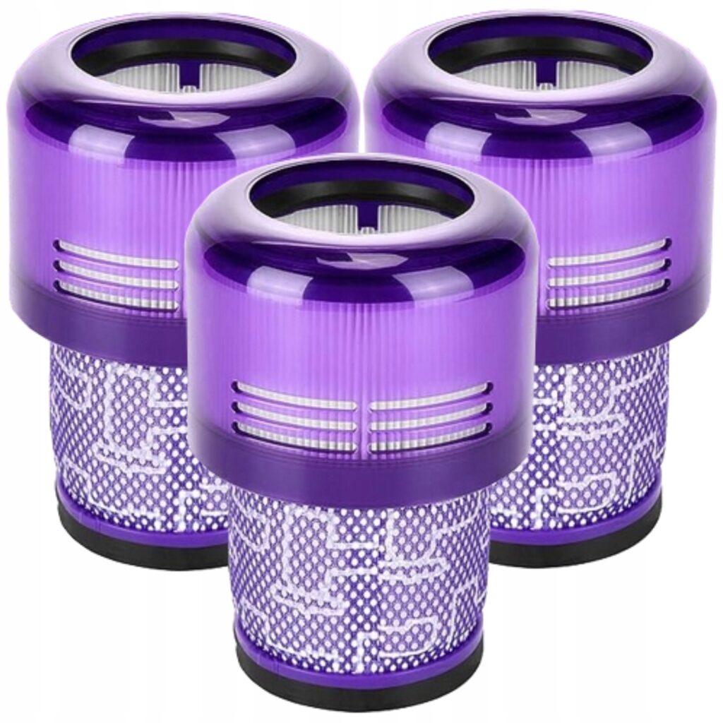 Trzy fioletowe filtry do oczyszczacza powietrza w nowoczesnym designie, idealne do poprawy jakości powietrza w domu.