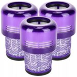 Trzy fioletowe filtry do oczyszczacza powietrza w nowoczesnym designie, idealne do poprawy jakości powietrza w domu.