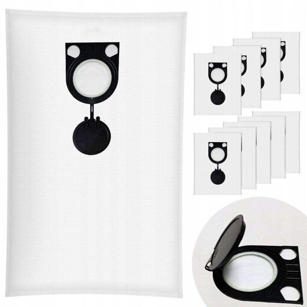 Worek filtracyjny do odkurzacza z czarnym zamknięciem i okrągłym filtrem w zestawie.