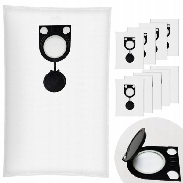 Worek filtracyjny do odkurzacza z czarnym zamknięciem i okrągłym filtrem w zestawie.