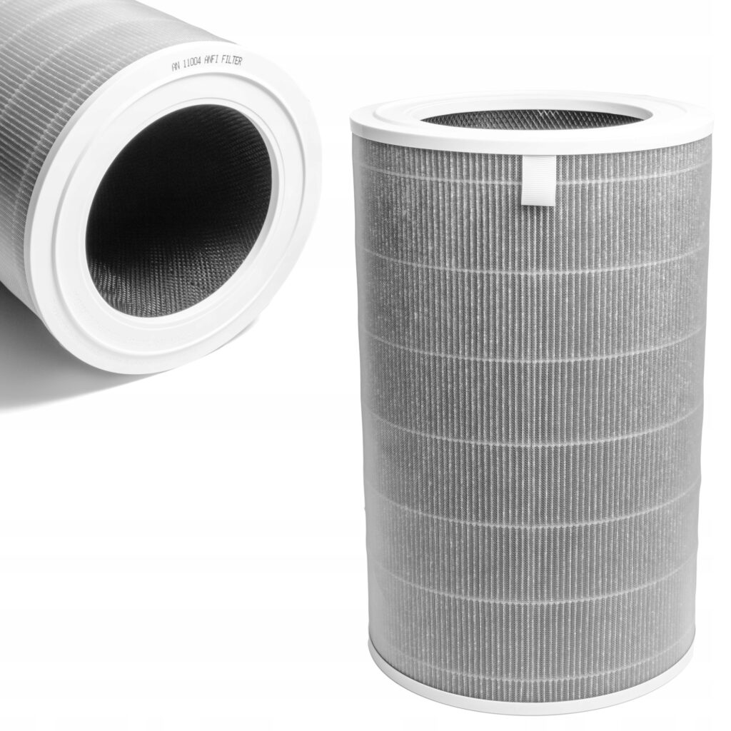 Filtr HEPA do oczyszczacza powietrza w kształcie cylindra, biało-szary, zbliżenie struktury.