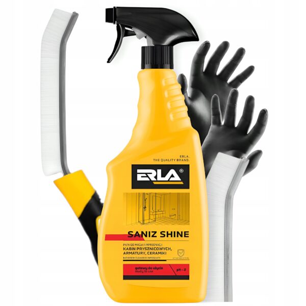 Spray Erla SANIZ SHINE do czyszczenia kabin prysznicowych z pędzlem i rękawiczkami, skuteczne usuwanie zabrudzeń.