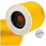 Żółty filtr do odkurzaczy, okrągły, z białym zakończeniem. Idealny do usuwania kurzu i alergenów z powietrza.