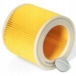 Żółty filtr cylindryczny do odkurzacza, widoczny z boku, z białą pokrywą z napisem open/close.