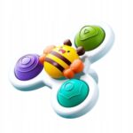 Kolorowa zabawka dla dzieci z pszczółką i trzema przyciskami w kształcie kwiata, idealna do zabawy sensorycznej.