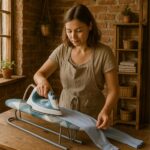 Osoba prasująca niebieską koszulę na desce do prasowania w rustykalnym wnętrzu.
