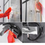 Czyszczenie kabiny prysznicowej i baterii łazienkowej czerwonymi rękawicami i ściereczką. Usuwanie zabrudzeń i wody.