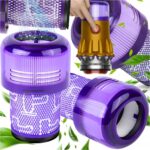 Fioletowy filtr do odkurzacza zieleń i białe tło. Ochrona powietrza i wydajność.