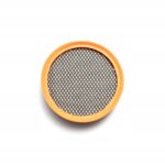 Okrągły filtr siateczkowy HEPA w pomarańczowej obudowie, widok z góry, na białym tle.