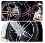 Czyszczenie felg samochodowych preparatem K2 Roton, przed i po usunięciu zabrudzeń, zdjęcia pokazują efekt działania.