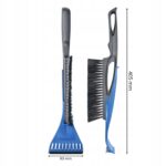 Niebieska skrobaczka do szyb z miotłą, długość 405 mm, szerokość 90 mm, idealna do usuwania lodu i śniegu z samochodu.
