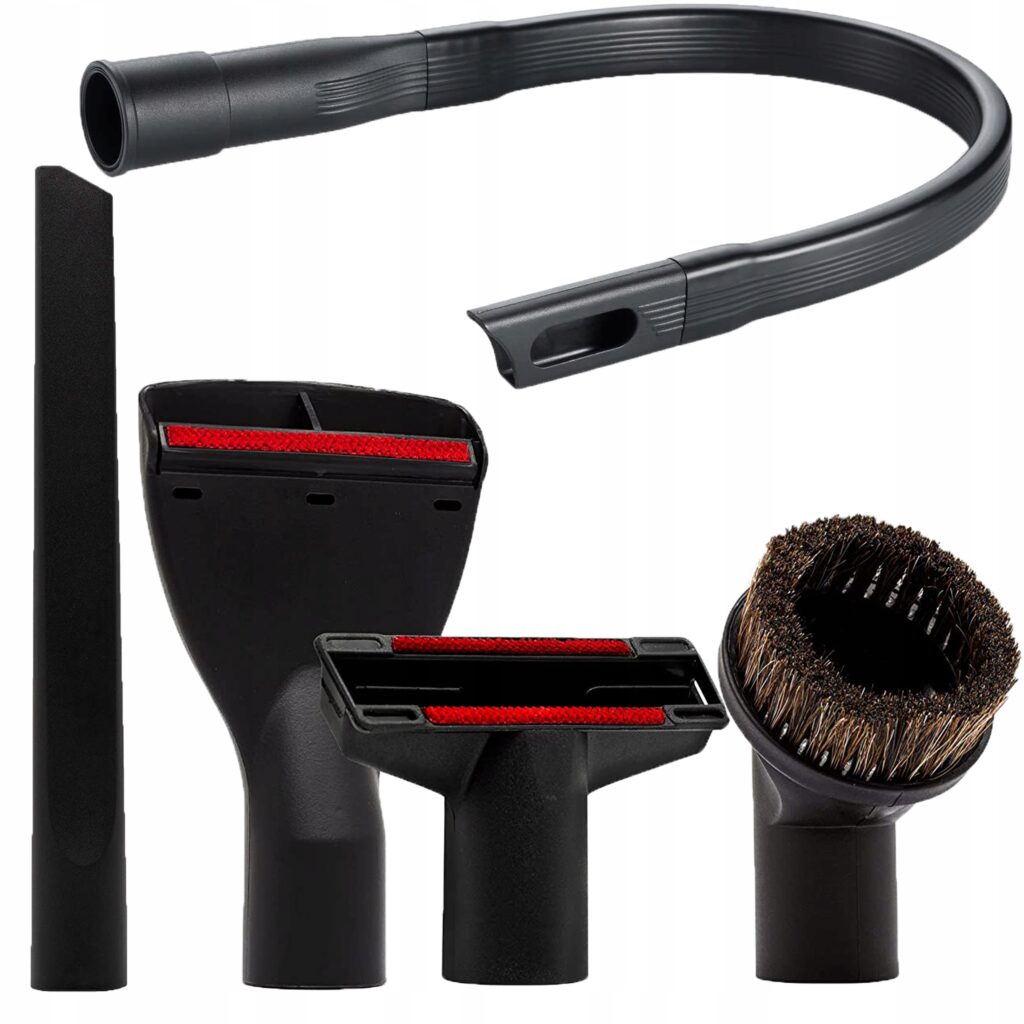 Zestaw końcówek do odkurzacza: elastyczna rura, ssawka szczelinowa, nasadki do różnych powierzchni. Idealne do czyszczenia.