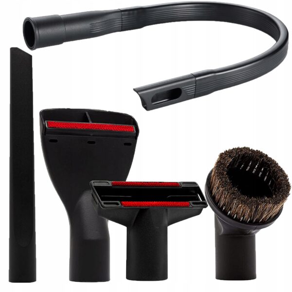 Zestaw końcówek do odkurzacza: elastyczna rura, ssawka szczelinowa, nasadki do różnych powierzchni. Idealne do czyszczenia.