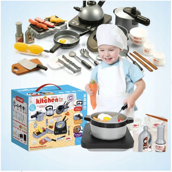 Dziecko w stroju kucharza bawi się zestawem kuchennym dla dzieci, pełnym kolorowych akcesoriów i zabawek do gotowania.