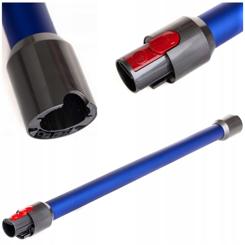 Niebieska rura odkurzacza z detalami montowania, widok z bliska na złącza i przyciski blokujące.