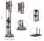 Stojak na odkurzacz bezprzewodowy z uchwytem na akcesoria, wymiary 127 cm wys., 27,5 cm szer., 20,5 cm gł. Idealny do małych przestrzeni.