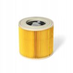 Żółty filtr powietrza do odkurzacza, cylindryczny, z białą ramą, na białym tle.