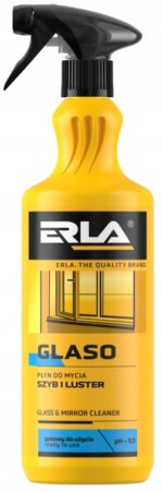 Butelka płynu do mycia szyb i luster Erla Glaso, gotowa do użycia, pH 9,5, pojemność 1 litr.