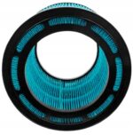 Filtr powietrza w kształcie cylindra z niebieskimi elementami filtrującymi, widok od przodu.