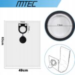 Worek filtrujący MTEC, 63x49 cm, z otworem 7,5 cm, widok z bliska i schematyczny wykres.