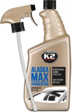 Butelka odmrażacza do szyb K2 Alaska Max, bezpieczna dla lakieru i uszczelek, z aplikatorem w sprayu.