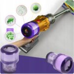 Odkurzacz z filtrem HEPA usuwający alergeny i zanieczyszczenia, widok funkcji filtracji i zbliżenie na cząsteczki.