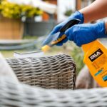 Osoba w rękawiczkach czyści wiklinowy fotel preparatem ze sprayem i szczotką na świeżym powietrzu.