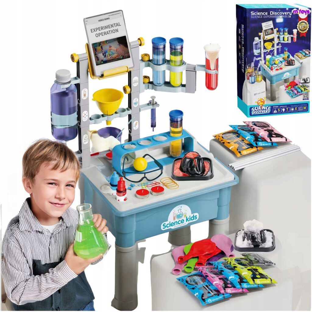 Zestaw do eksperymentów naukowych dla dzieci z aparaturą laboratoryjną, akcesoriami i książką instruktażową.