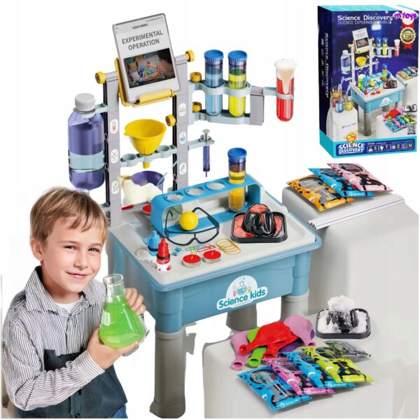 Zestaw do eksperymentów naukowych dla dzieci z aparaturą laboratoryjną, akcesoriami i książką instruktażową.