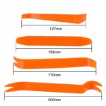 Zestaw czterech pomarańczowych plastikowych przyrządów do demontażu tapicerki o długościach 127 mm, 152 mm, 170 mm i 200 mm.