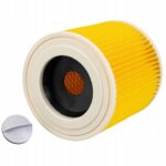 Żółty filtr do odkurzacza z białą pokrywką, przystosowany do efektywnego oczyszczania powierzchni w domu.