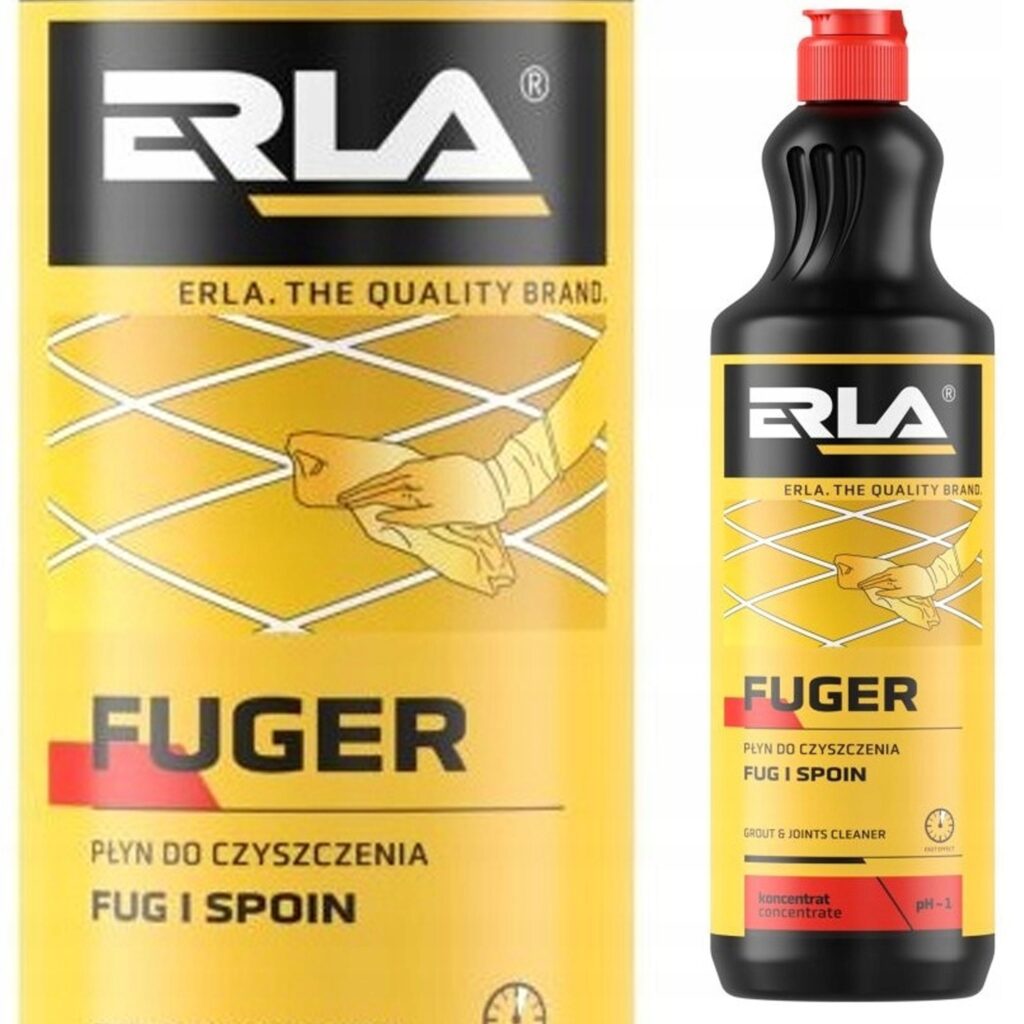 Płyn do czyszczenia fug Erla Fuger, żółta butelka 1L, usuwa brud, łatwy w użyciu, przeznaczony do fug i spoin.