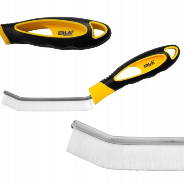 Ergonomiczna szczotka z żółto-czarnym uchwytem do czyszczenia, idealna do trudno dostępnych miejsc.