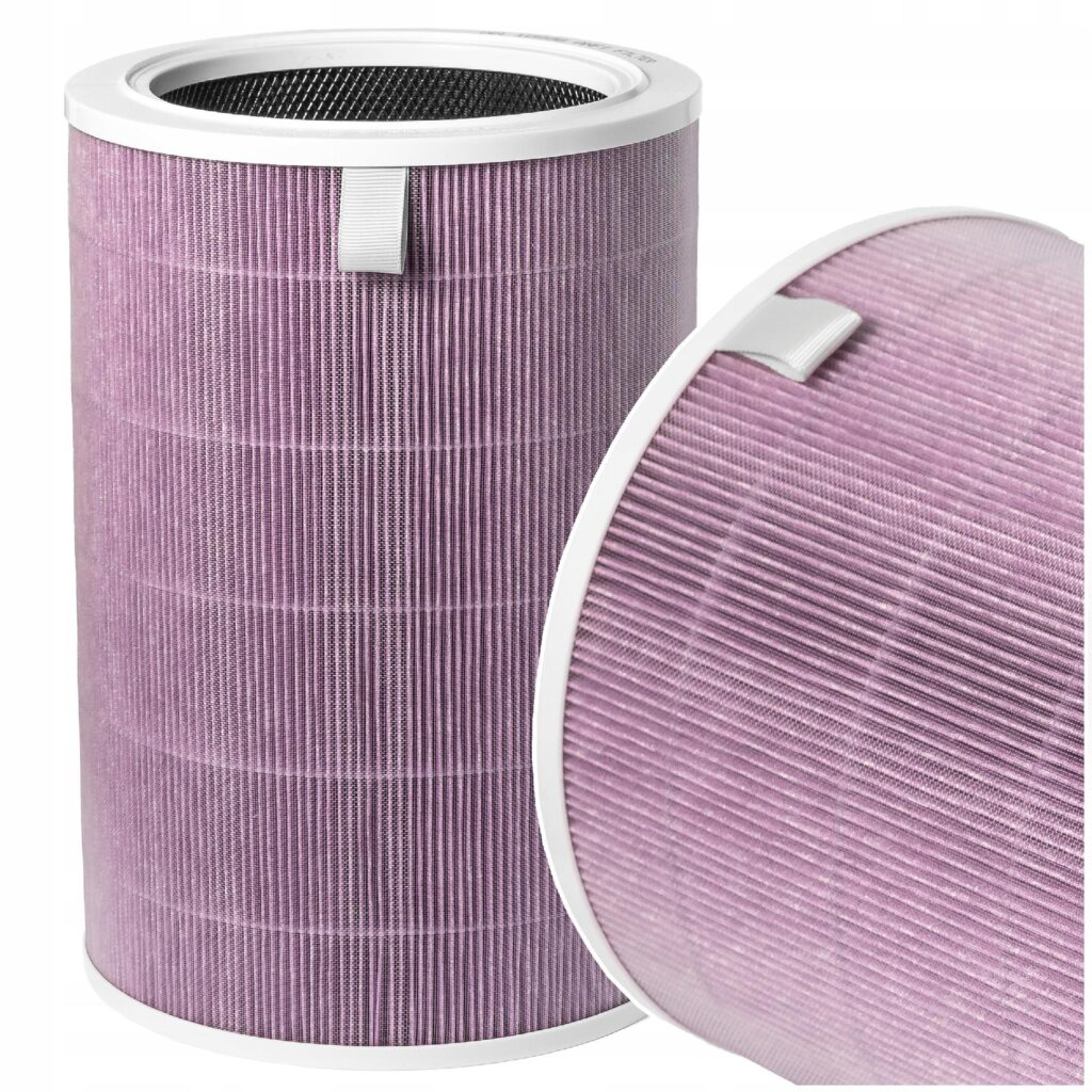 Filtr powietrza do oczyszczacza, cylindryczny, kolor fioletowy, z białą ramką, idealny do poprawy jakości powietrza.