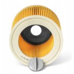 Filtr powietrza do odkurzacza ze żółtymi plisami i szarym pokrętłem w tle. Idealny do usuwania kurzu.