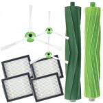 Zestaw akcesoriów do robota sprzątającego: szczotki, filtry HEPA i wałki w kolorze zielonym.