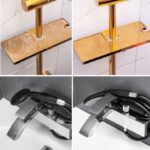 Złota półka i chromowana bateria prysznicowa przed i po czyszczeniu z osadów kamienia.