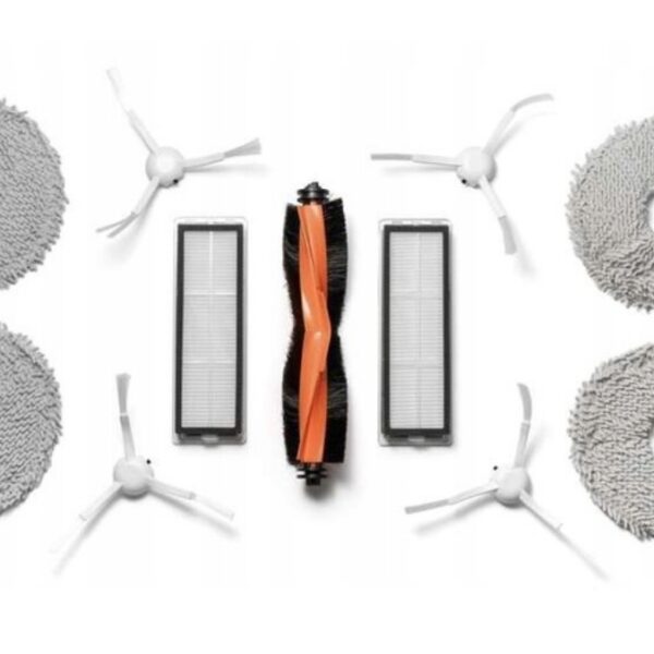 Zestaw akcesoriów do robota sprzątającego: szczotki, filtry, pady czyszczące. Idealne do efektywnego czyszczenia.