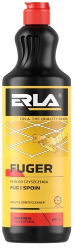 Butelka płynu czyszczącego ERLA Fuger do fug i spoin; żółto-czarne opakowanie z czerwonym korkiem.