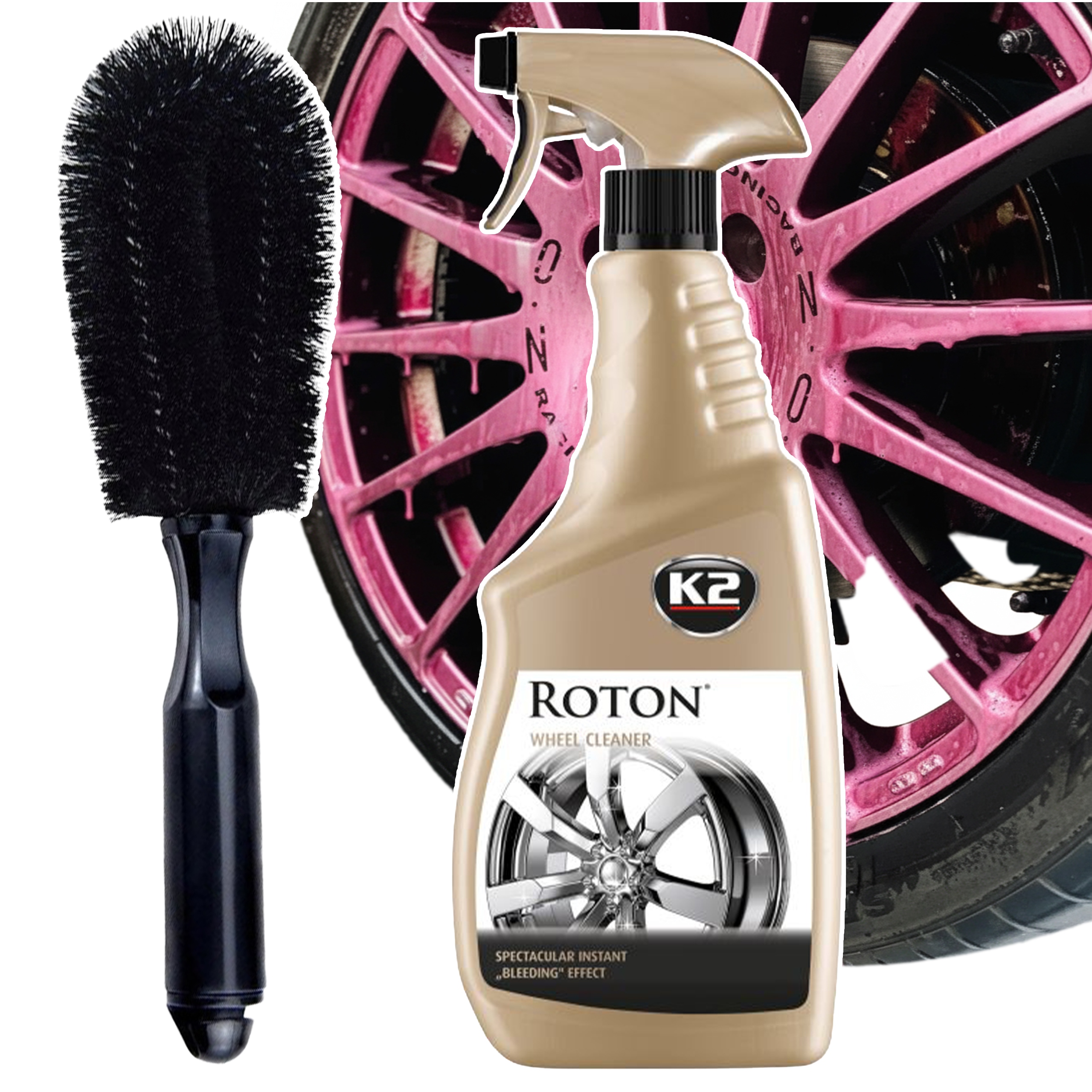 ef96ed9987ae39df06b52fb7476560c3.jpg K2 Roton Czerwona Felga 700 ml + szczotka 26 cm – zestaw do mycia felg - obrazek 1